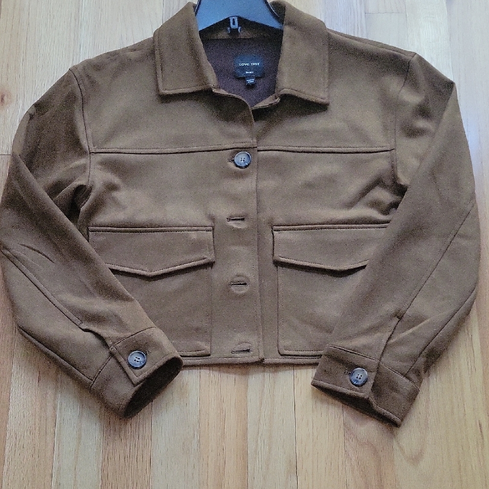 Love Tree Brown Cropped Button-Front Jean Jacket